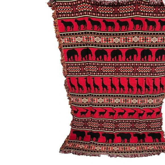 The Rug‎ Barn Africa Woven Tapestry Throw Blanket Red Black Safari Animals 46x67 - Picture 3 of 6